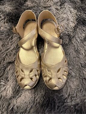 Metallic Gold Cutout Sandals with Ankle Strap